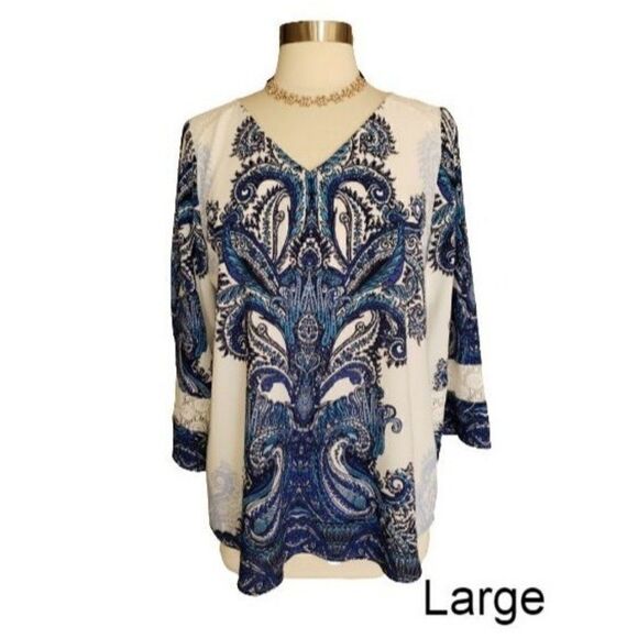 Women's Tunic Lg Lace V-Neck 3/4 Sleeve  Blouse Blue Paisley Top Large NWOT - Picture 1 of 7